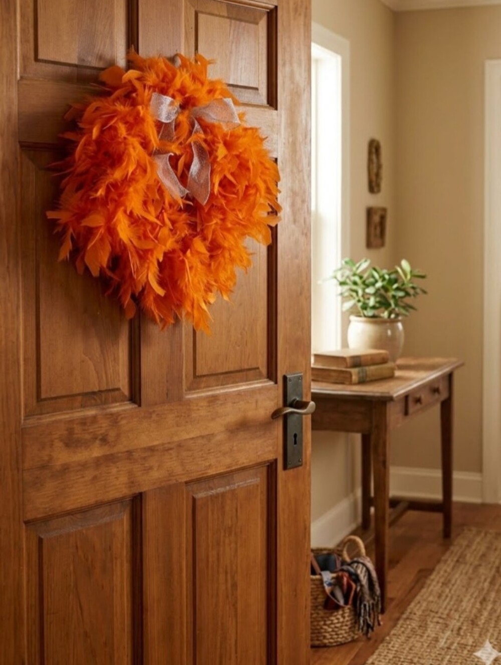 Handmade Feather Wreath With Bow-14" Orange/Silver